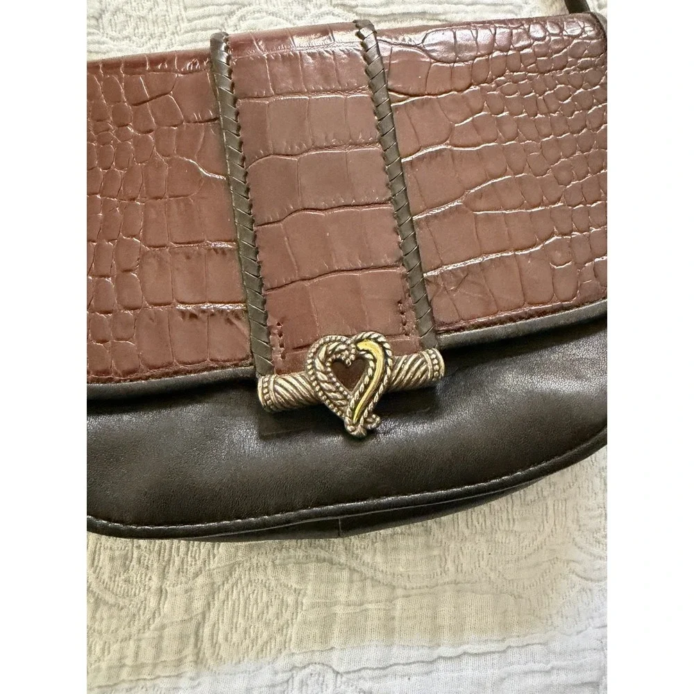 Brighton Embossed Brown, Black Leather‎ Front Flap Magnetic Crossbody Bag